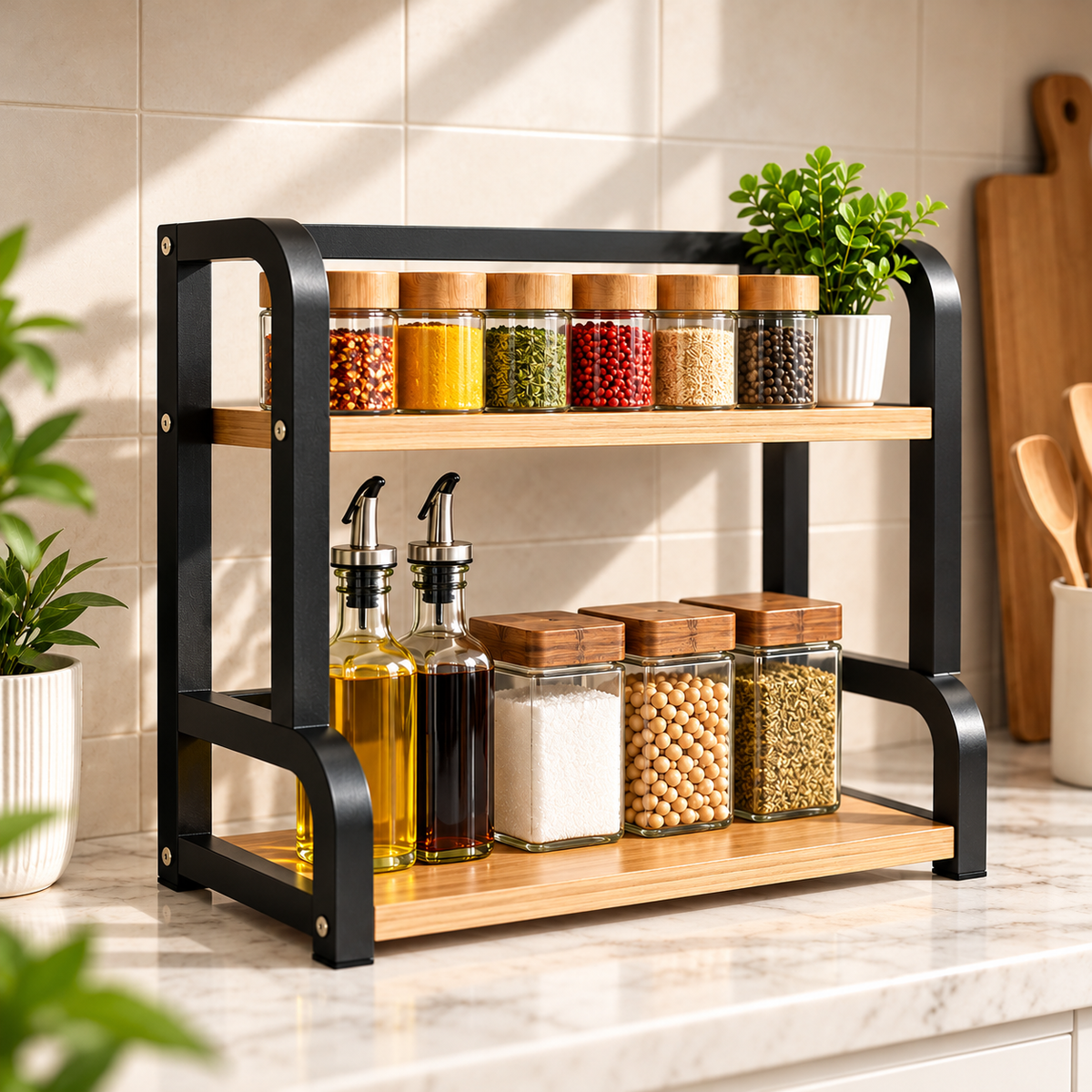 SAMDIYA 2-Tier Spice Rack + Trash Bin (Grey-Black) + Pouch Backpack (Beige) | Buy 1 Get 2 Free Combo