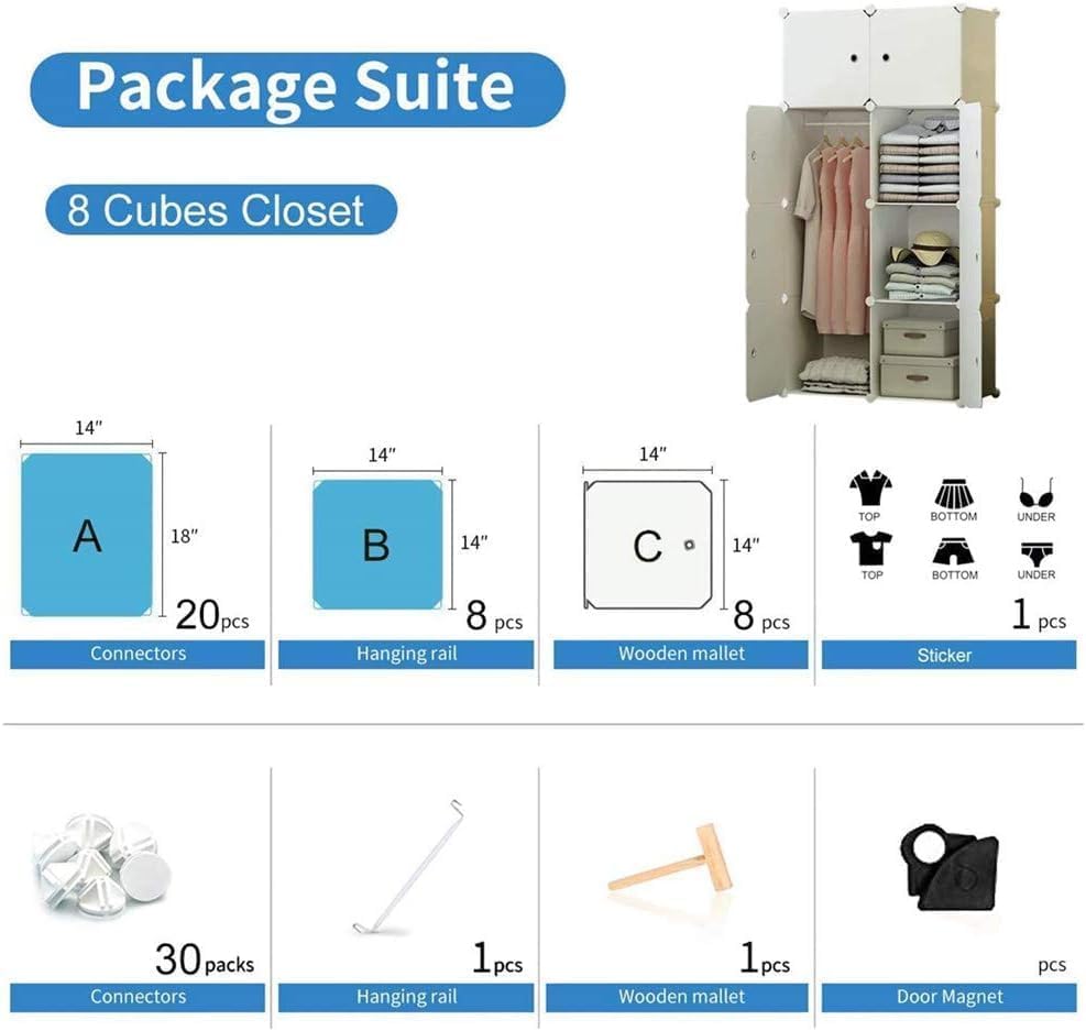 Premium 8-Door Modular Plastic Wardrobe with Hanging Section – White