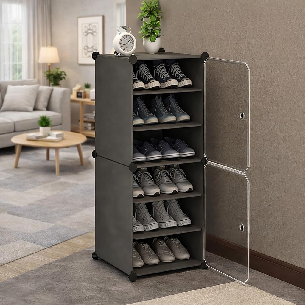 Premium 6-Shelf 2-Door Plastic Shoe Storage Cabinet – Grey