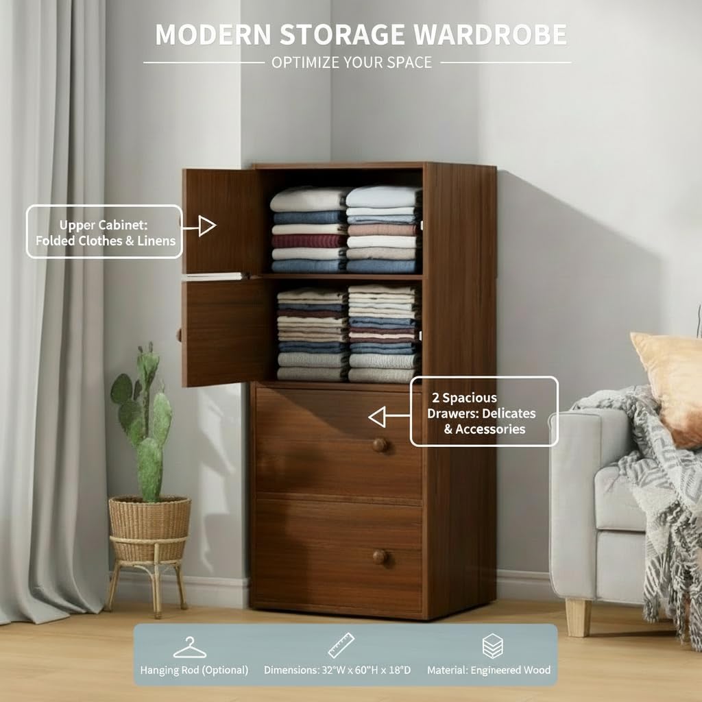 Premium Nordic Walnut 4-Layer Wooden Storage Cabinet with Doors