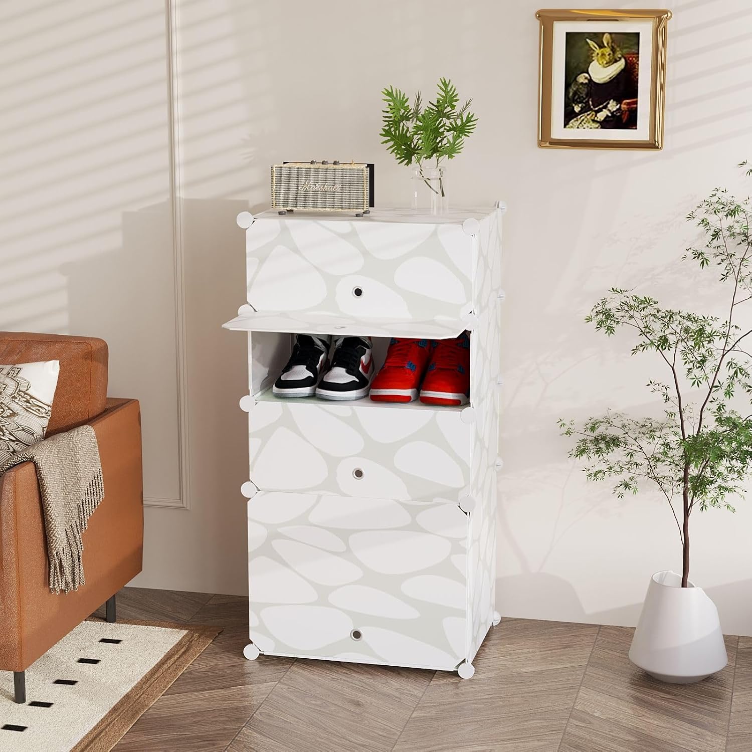 Premium 4-Layer Plastic Shoe Rack with Dustproof Doors – White Print