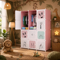 Premium 12-Door 12-Shelf Kids Minimalist Modular Plastic Wardrobe Cabinet – Pink