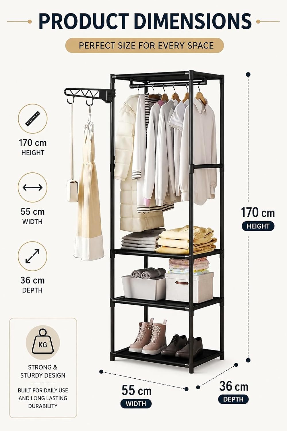 Premium Multifunctional Clothing Rack with Storage Shelves – Black