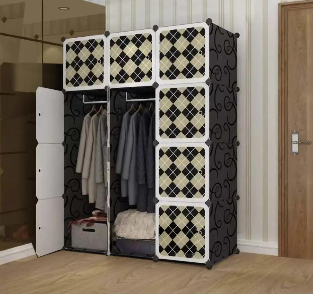 Premium 12-Door Square-Grid Kids Plastic Wardrobe – Black
