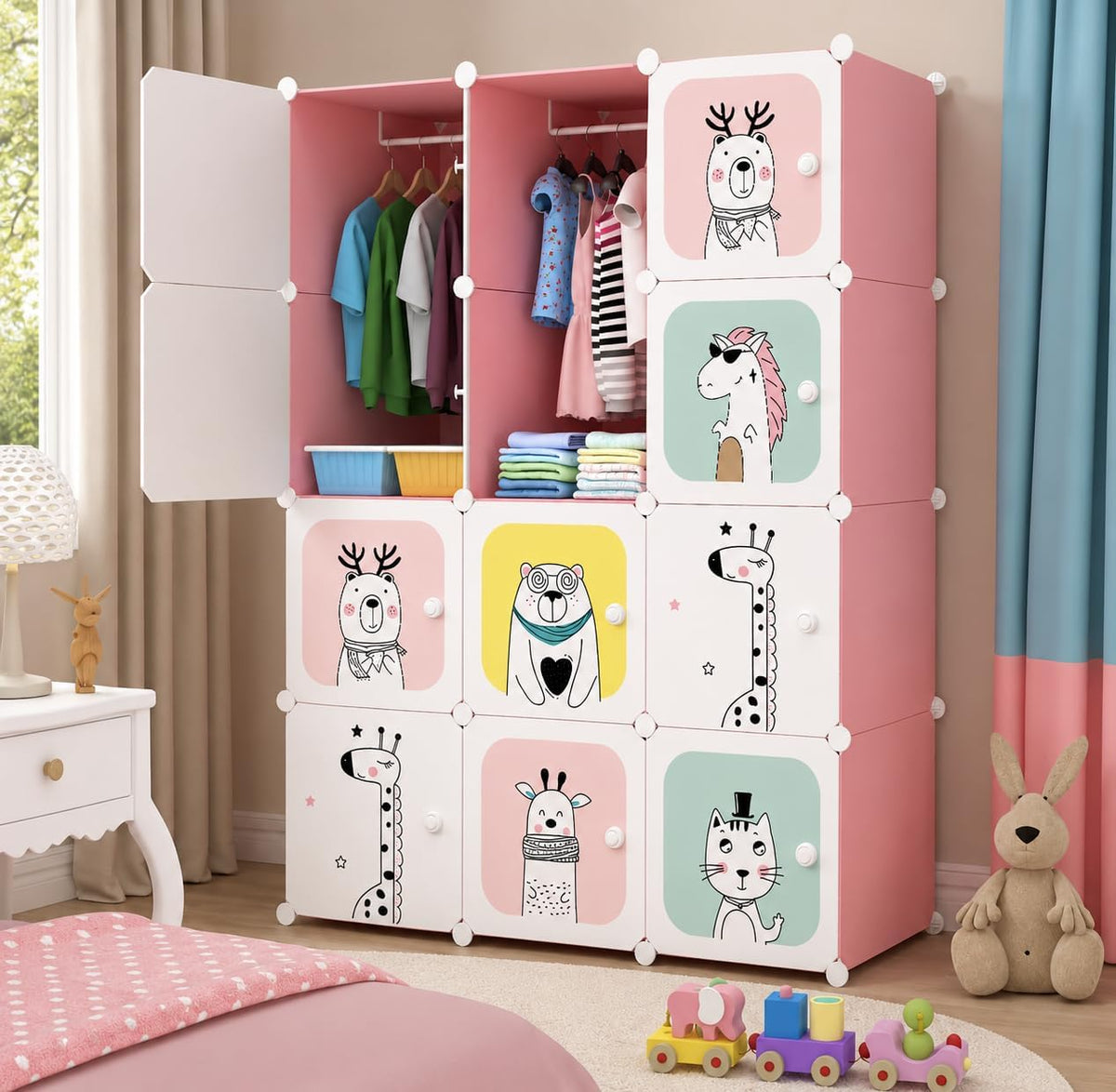 Premium 12-Door 12-Shelf Kids Cartoon Design Modular Plastic Wardrobe – Pink