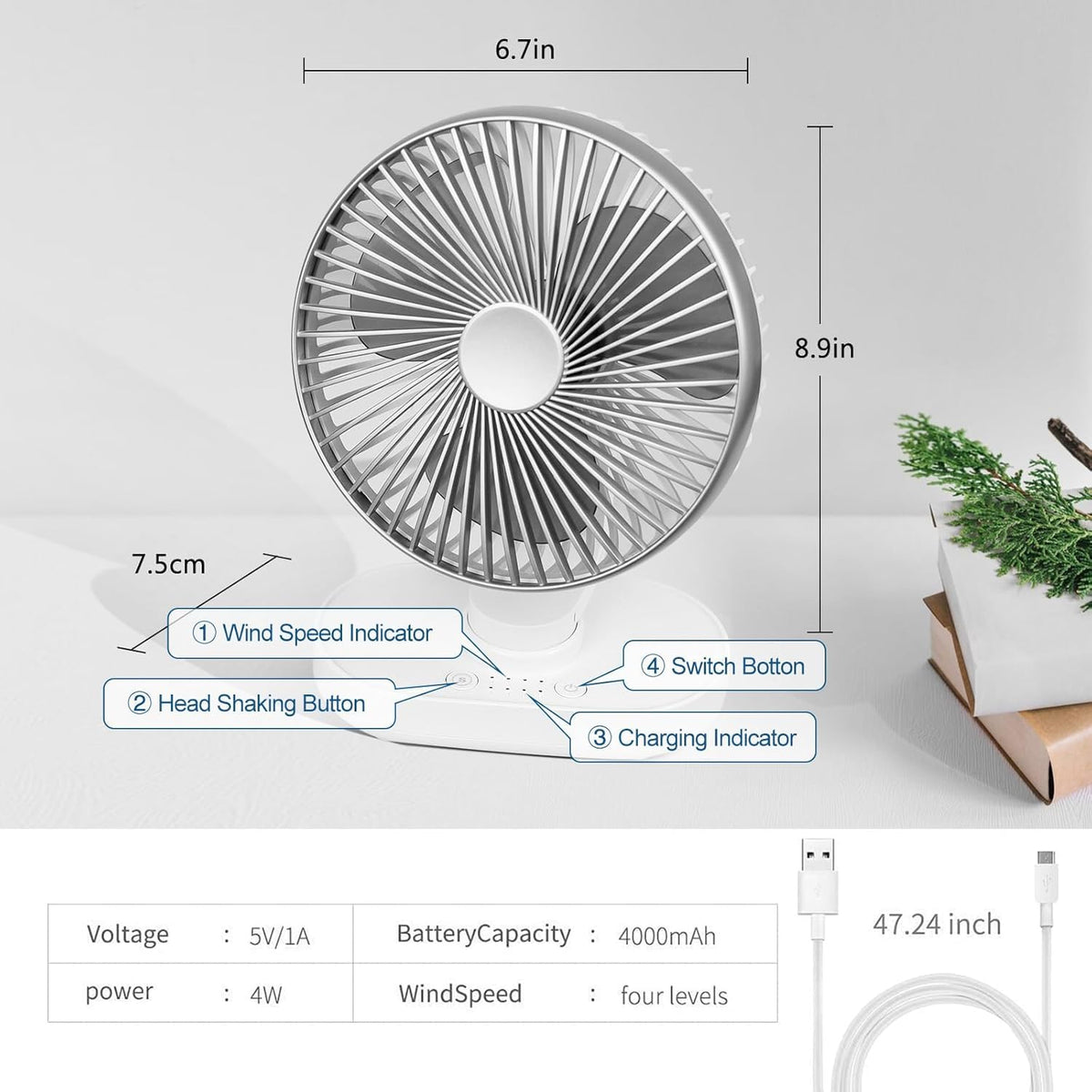 Premium 4000mAh Rechargeable Desk Fan with 4-Speed Modes – Silver