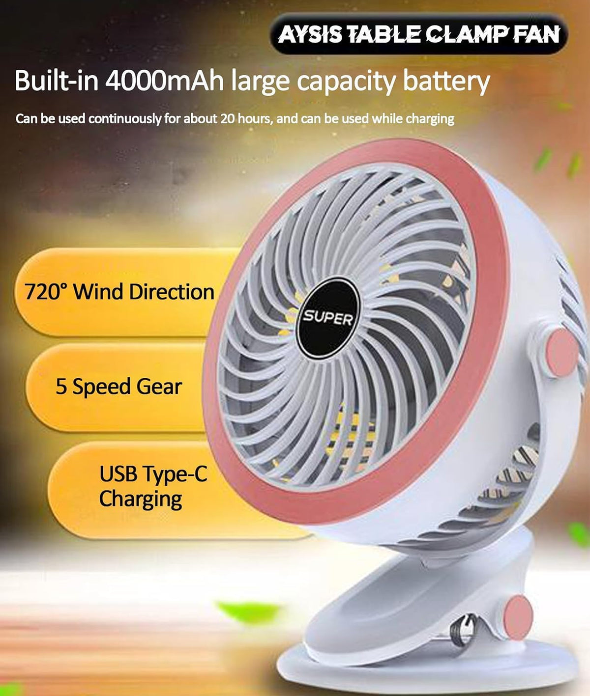 Premium 6-Inch Rechargeable Mini Clip Fan with 5-Speed Modes – 1200mAh | USB Portable Desk Fan