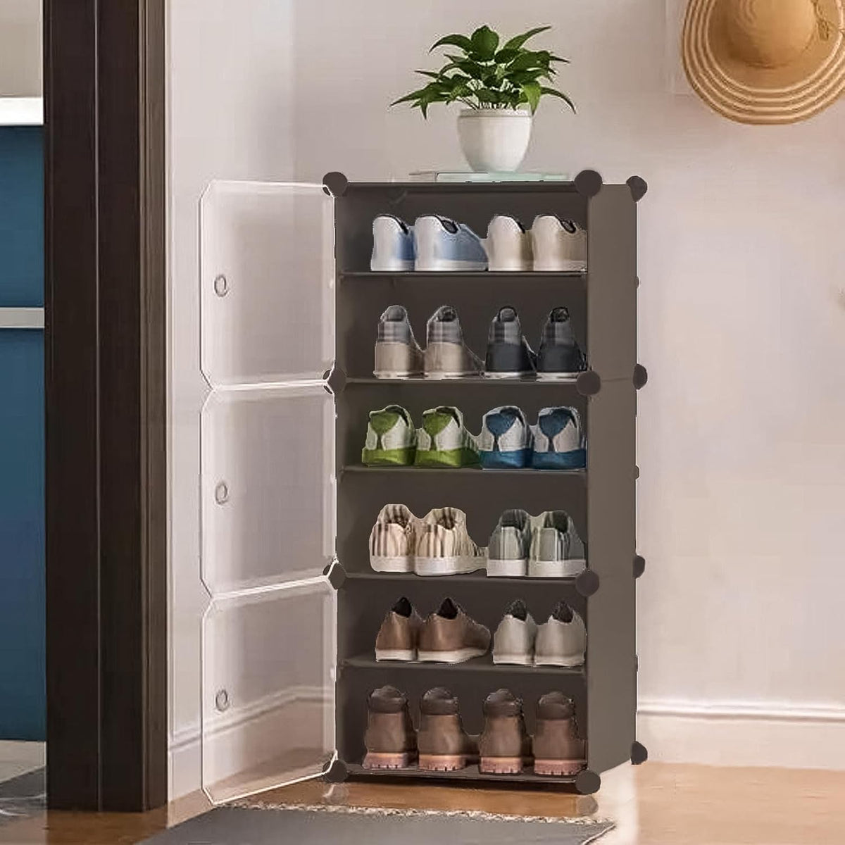 Premium 3-Door 6-Layer Plastic Shoe Storage Cabinet | Dustproof Modular Shoe Rack | Grey