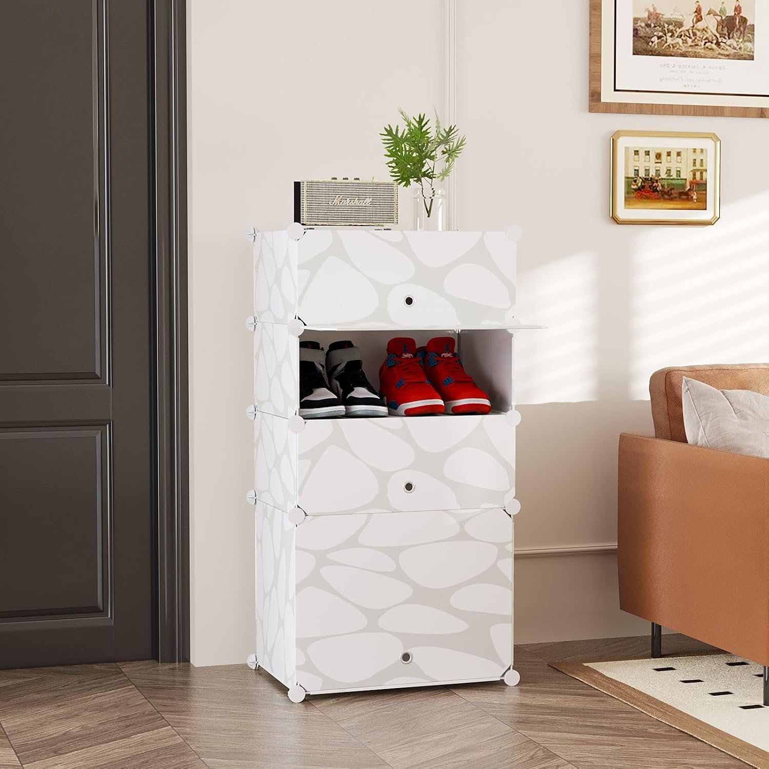 Premium 4-Layer Plastic Shoe Rack with Dustproof Doors – White Print