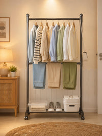 Premium Single Pole Cloth Rack with Bottom Shelves – Black