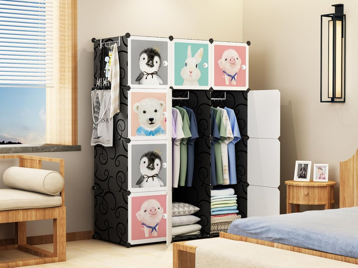 Premium 12-Door 12-Shelf Kids Cartoon Modular Plastic Wardrobe Cabinet – Black