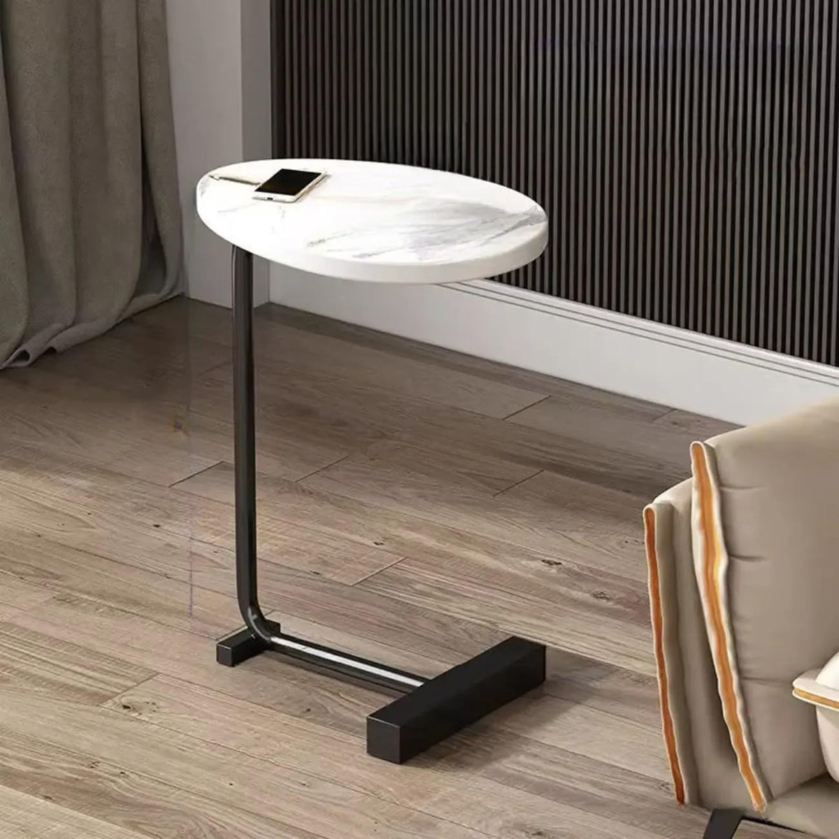 Premium Flat-Top Side Table with Metal Base – White Marble