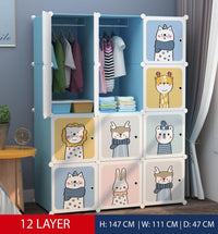 Premium 12-Door 12-Shelf Kids Cartoon Print Modular Plastic Wardrobe – Blue