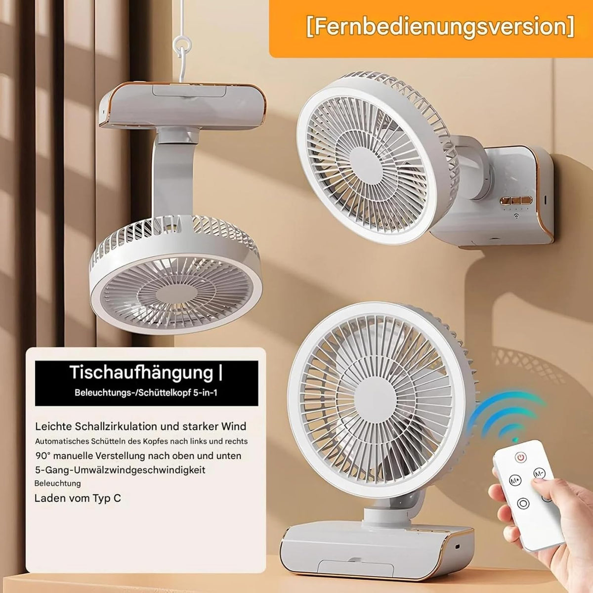 Premium 4000mAh Rechargeable Table Fan with 5-Speed Modes & LED Light – White