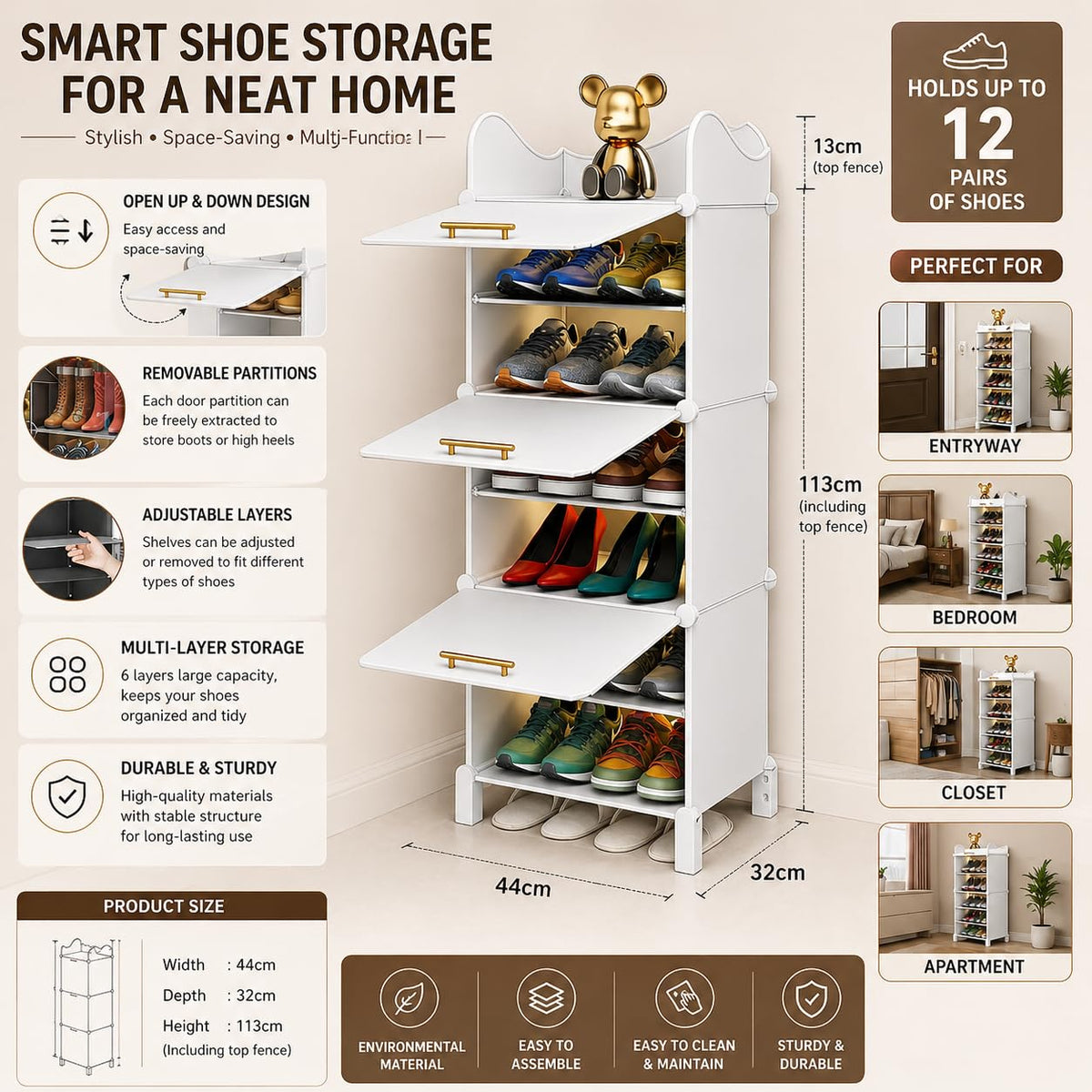 Premium 3-Door 6-Shelf Modular Plastic Shoe Storage Cabinet – White