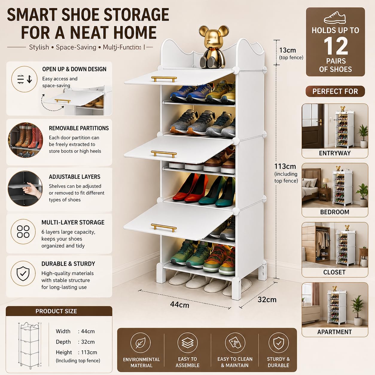 Premium 3-Door 6-Shelf Modular Plastic Shoe Storage Cabinet – White