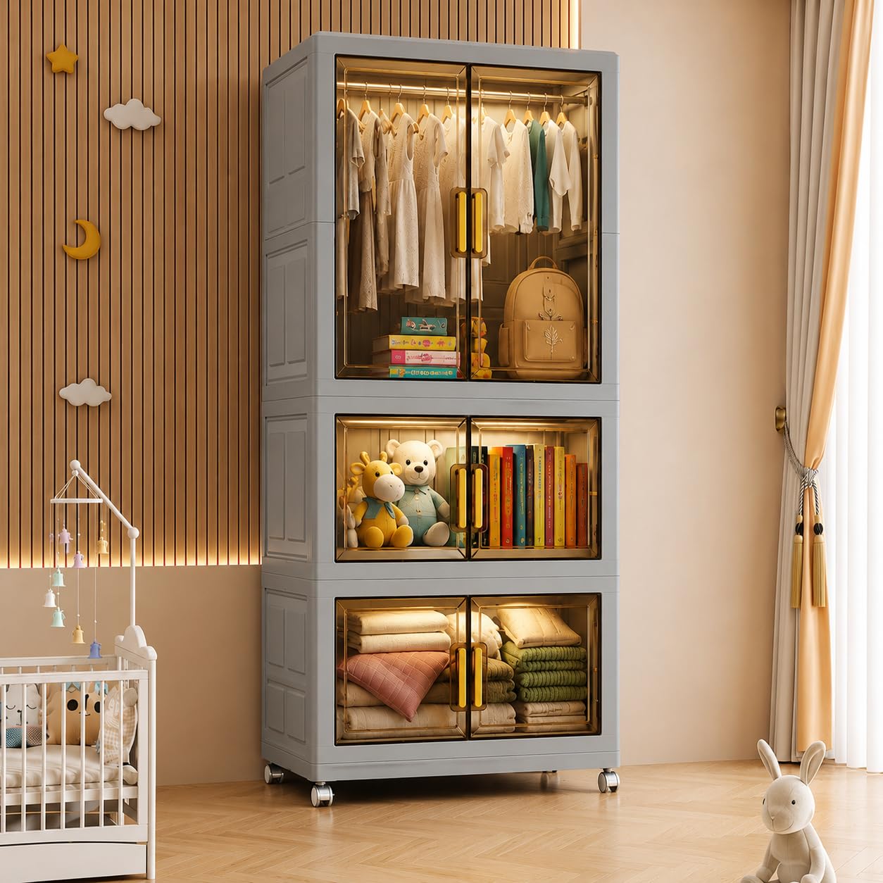 Premium 4-Door Kids Plastic Wardrobe with Wheels – Shine White