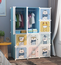 Premium 12-Door 12-Shelf Kids Cartoon Print Modular Plastic Wardrobe – Blue