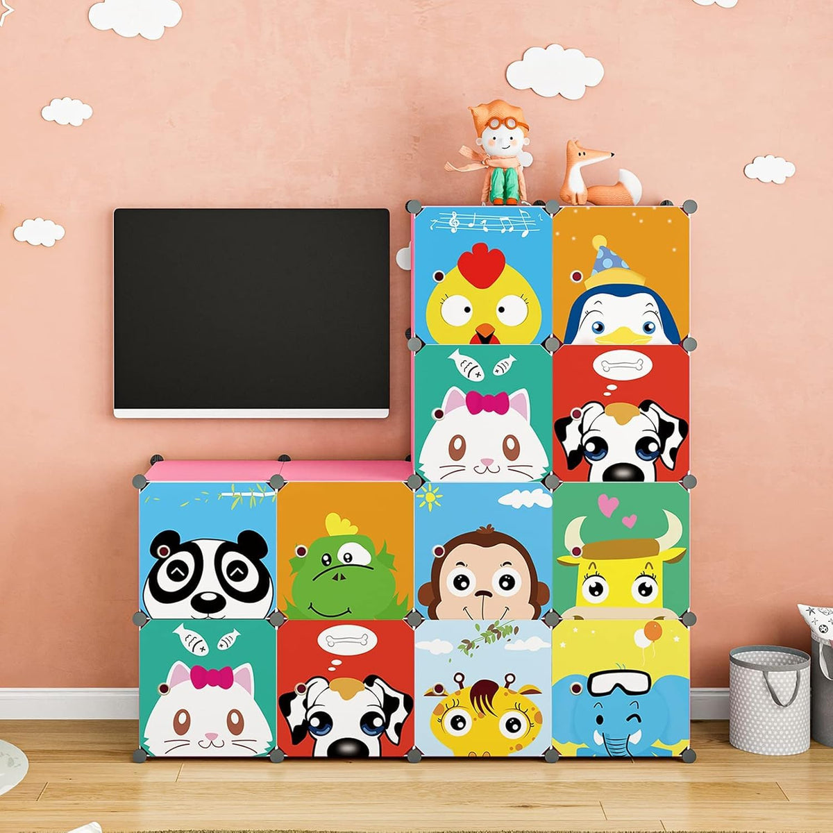 Premium 12-Door Panda-Print Kids Plastic Wardrobe – Pink