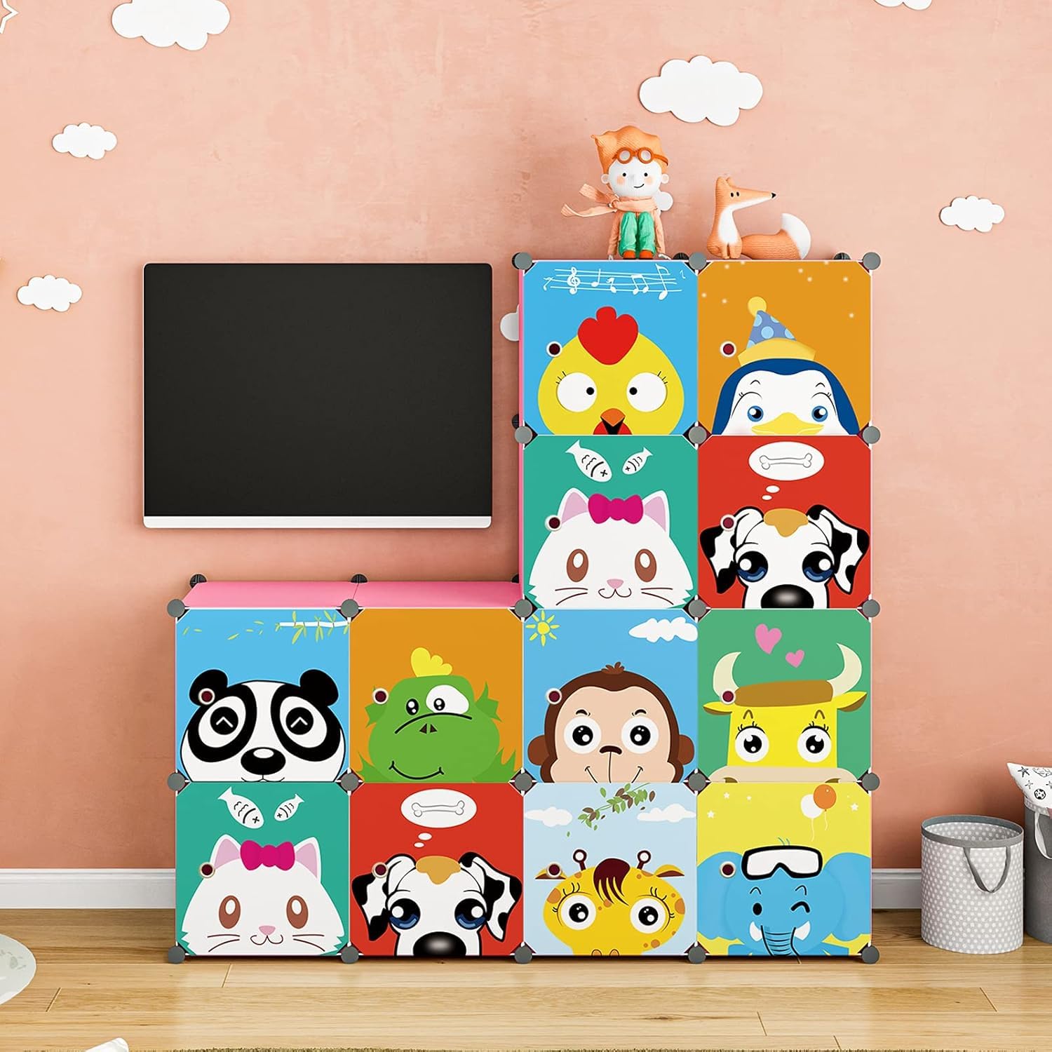 Premium 12-Door Panda-Print Kids Plastic Wardrobe – Pink