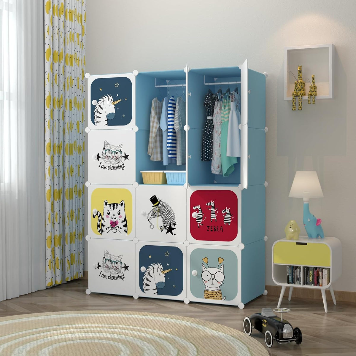 Premium 12-Door Unicorn-Print Kids Plastic Wardrobe – Blue