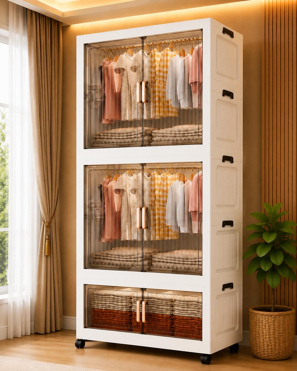 Premium 3-Layer Foldable Plastic Wardrobe with Hanging Rod & Wheels – Transparent White