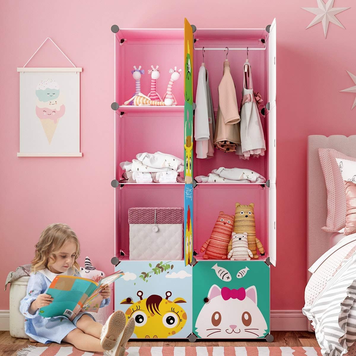 Premium 8-Door Kids Plastic Wardrobe – Panda Pink