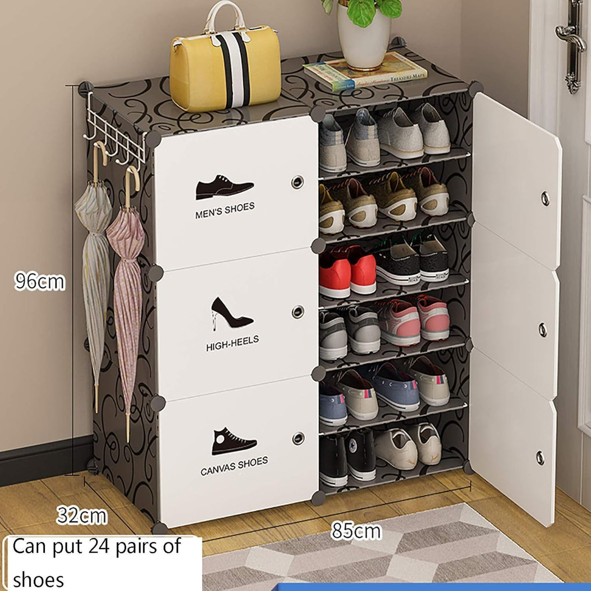 Premium 6-Door 12-Layer Double-Row Plastic Shoe Storage Cabinet | Dustproof Modular Shoe Rack | Black & White