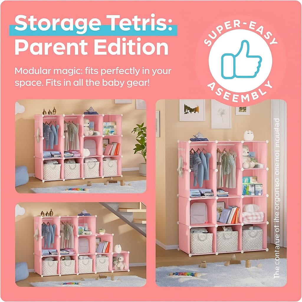 Premium 12-Door 12-Shelf Kids Minimalist Modular Plastic Wardrobe Cabinet – Pink