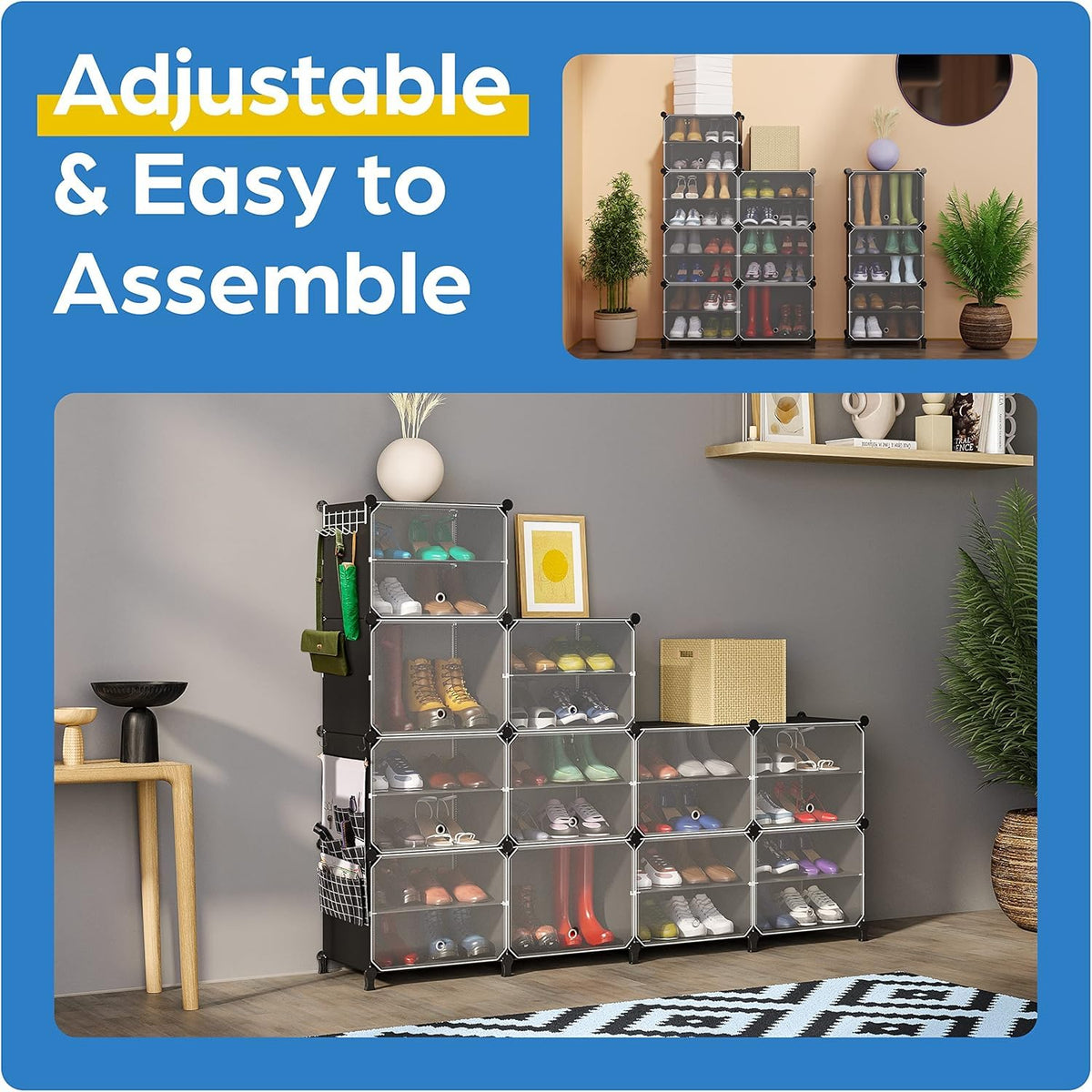 Premium 8-Door 16-Shelf Modular Plastic Shoe Storage Cabinet – Black