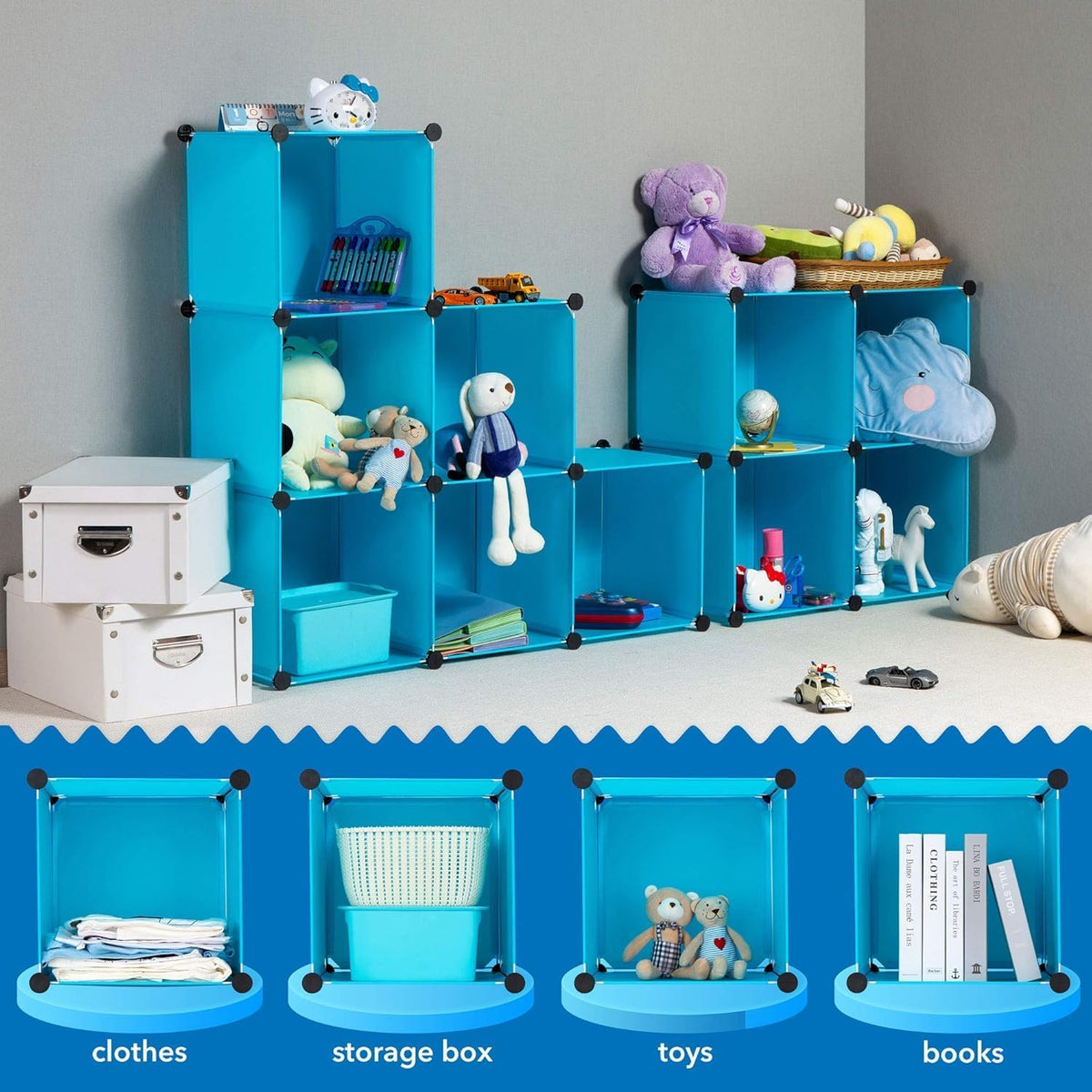 Premium 12-Door Unicorn-Print Kids Plastic Wardrobe – Blue
