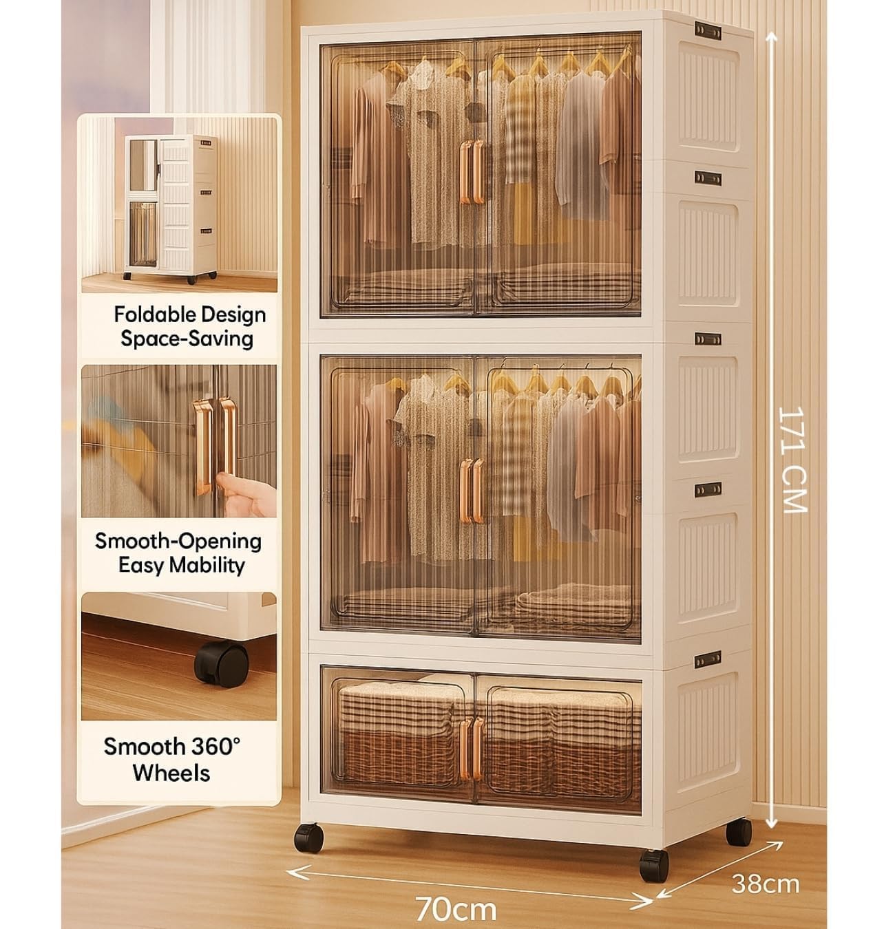 Premium 3-Layer Foldable Plastic Wardrobe with Hanging Rod & Wheels – Transparent White