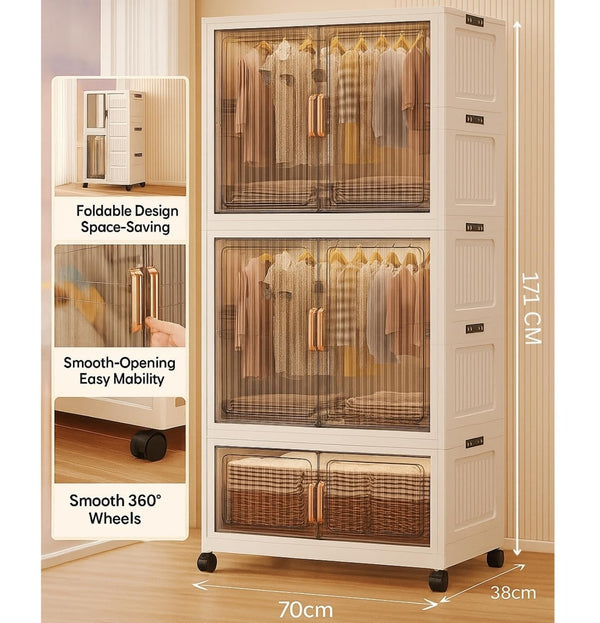 Premium 3-Layer Foldable Plastic Wardrobe with Hanging Rod & Wheels – Transparent White