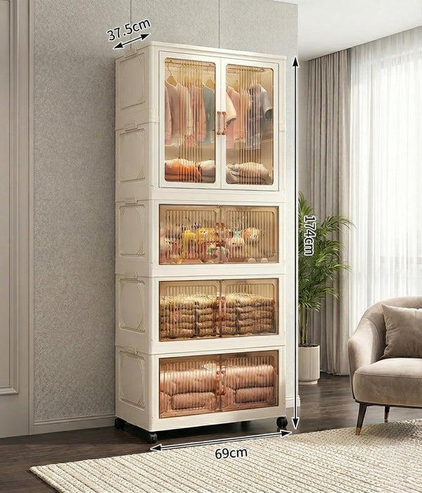 Premium 4-Door Modular Plastic Wardrobe with Hanging Section – Transparent White
