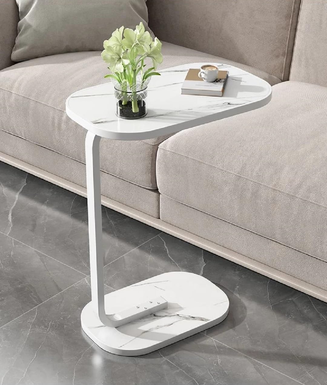 Premium Adjustable Oval Side Table – White Marble