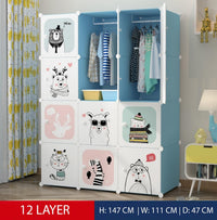 Premium 12-Door 12-Shelf Kids Cartoon Modular Plastic Wardrobe Cabinet – Blue