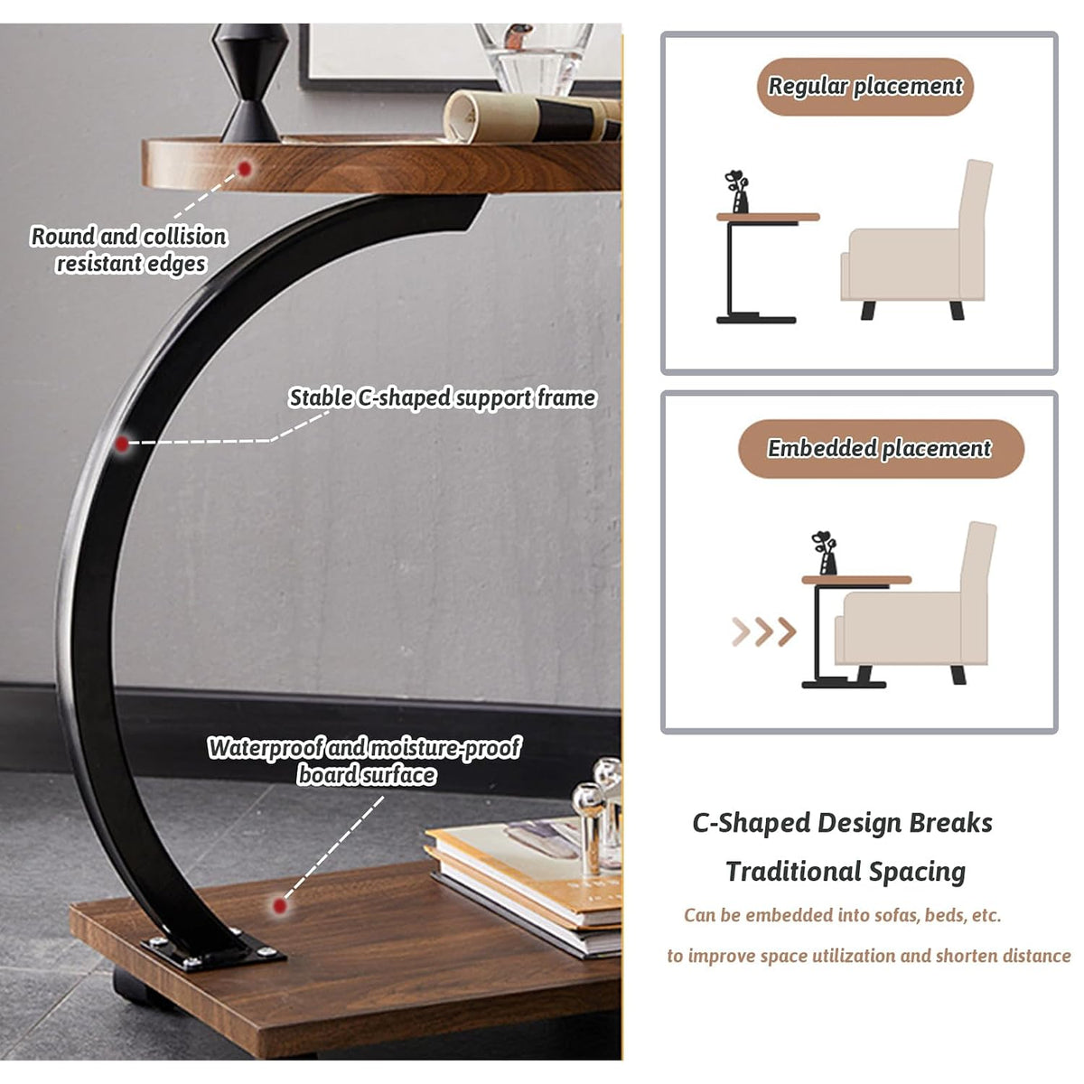 Premium Double-C Side Table with Wheels – Nut Brown