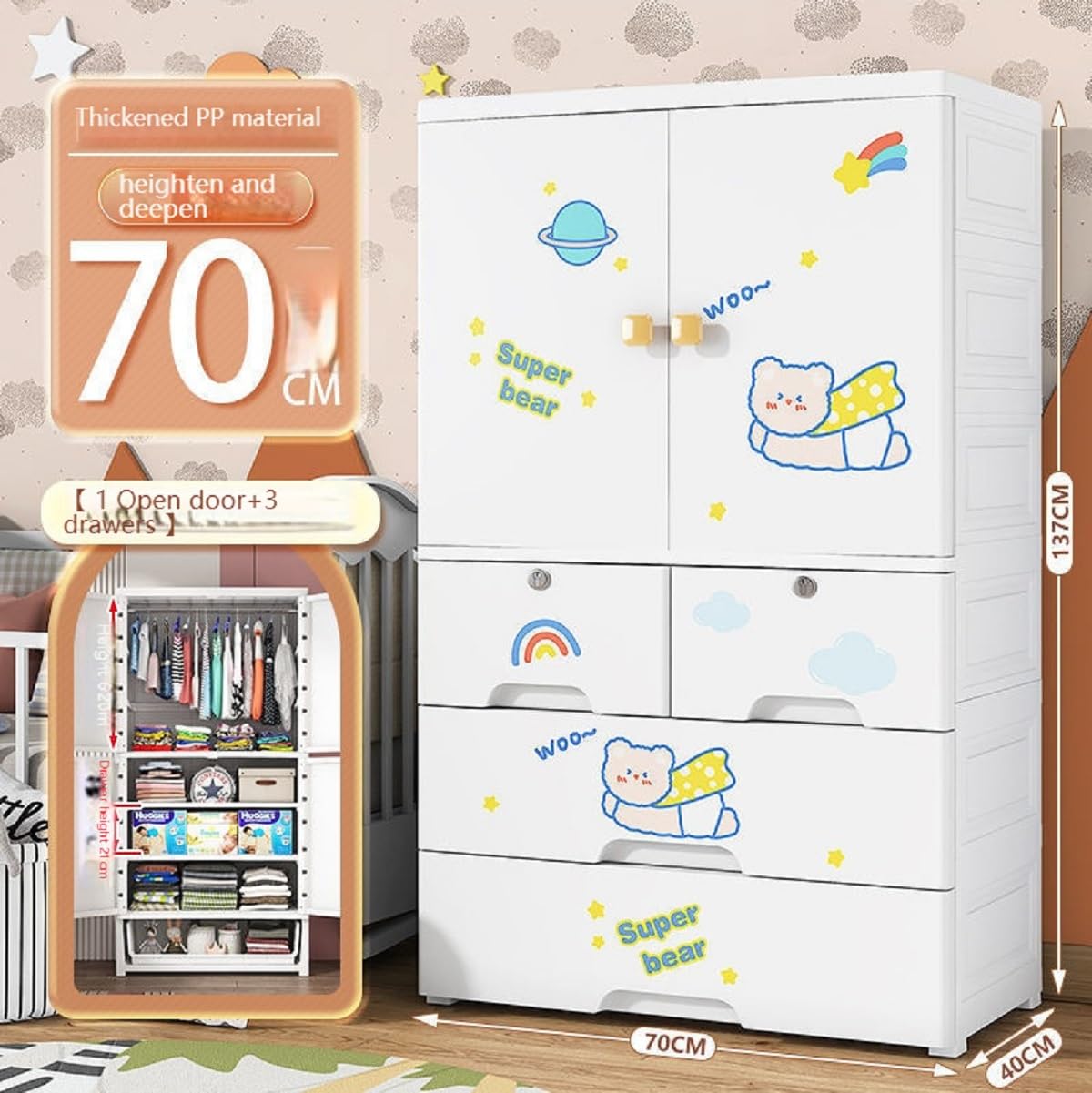 Premium 1+4 Door Kids Plastic Wardrobe with Drawers – Bear