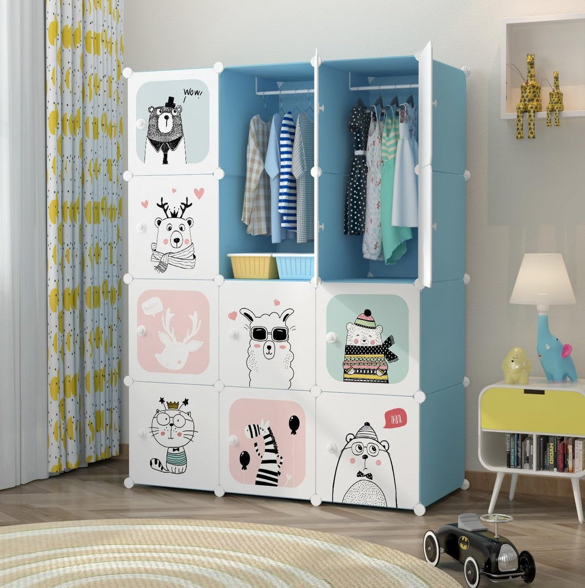 Premium 12-Door 12-Shelf Kids Cartoon Modular Plastic Wardrobe Cabinet – Blue