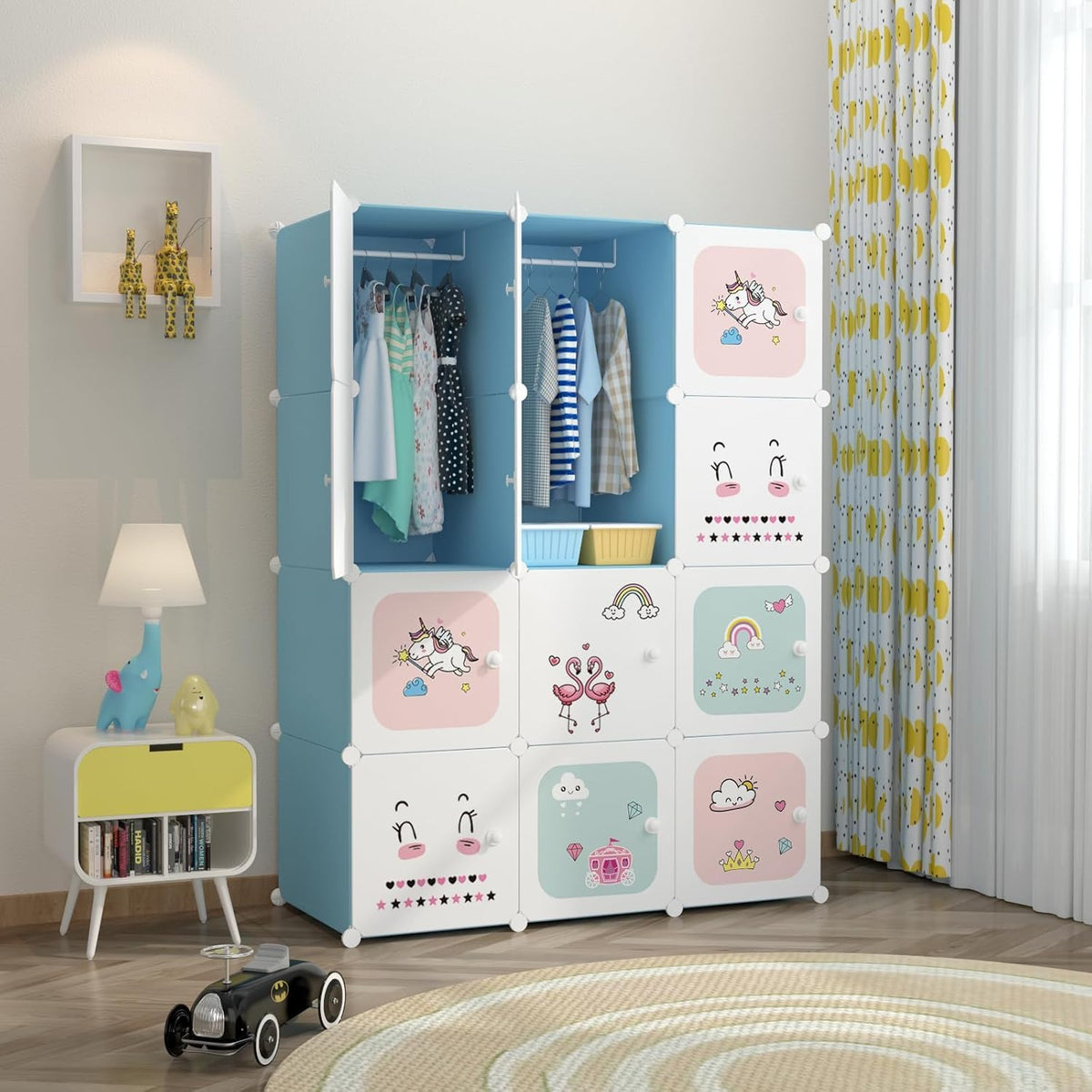 Premium 12-Cube Kids Cartoon Modular Plastic Wardrobe Cabinet – Blue