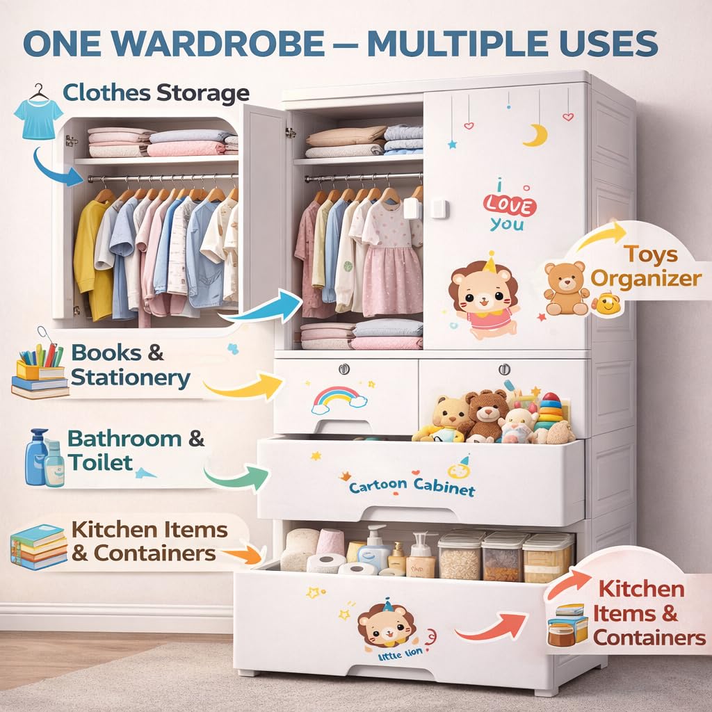 Premium 1+4 Door Kids Plastic Wardrobe with Drawers – Lion
