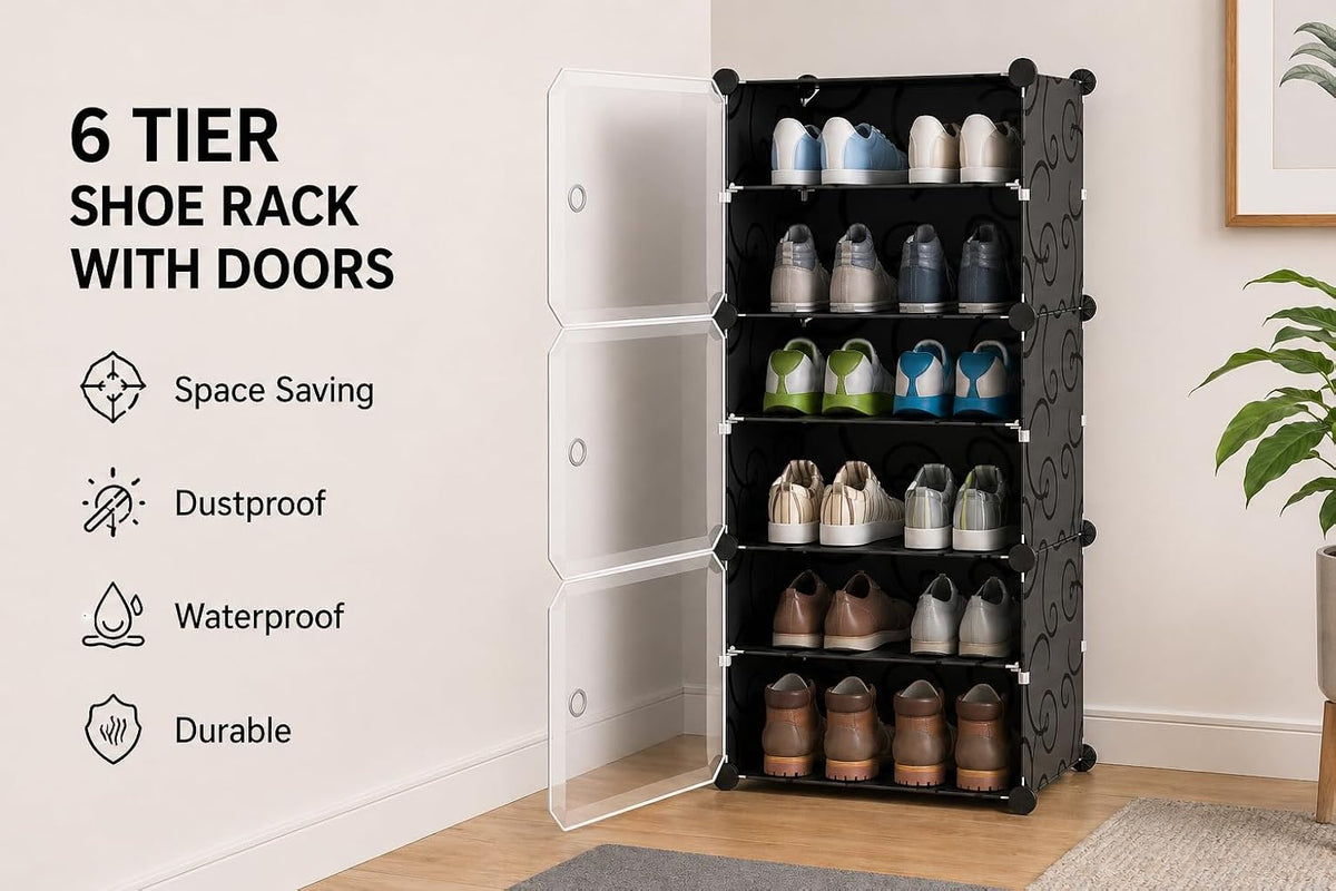 Premium 3-Door 6-Layer Plastic Shoe Storage Cabinet | Dustproof Modular Shoe Rack | Black