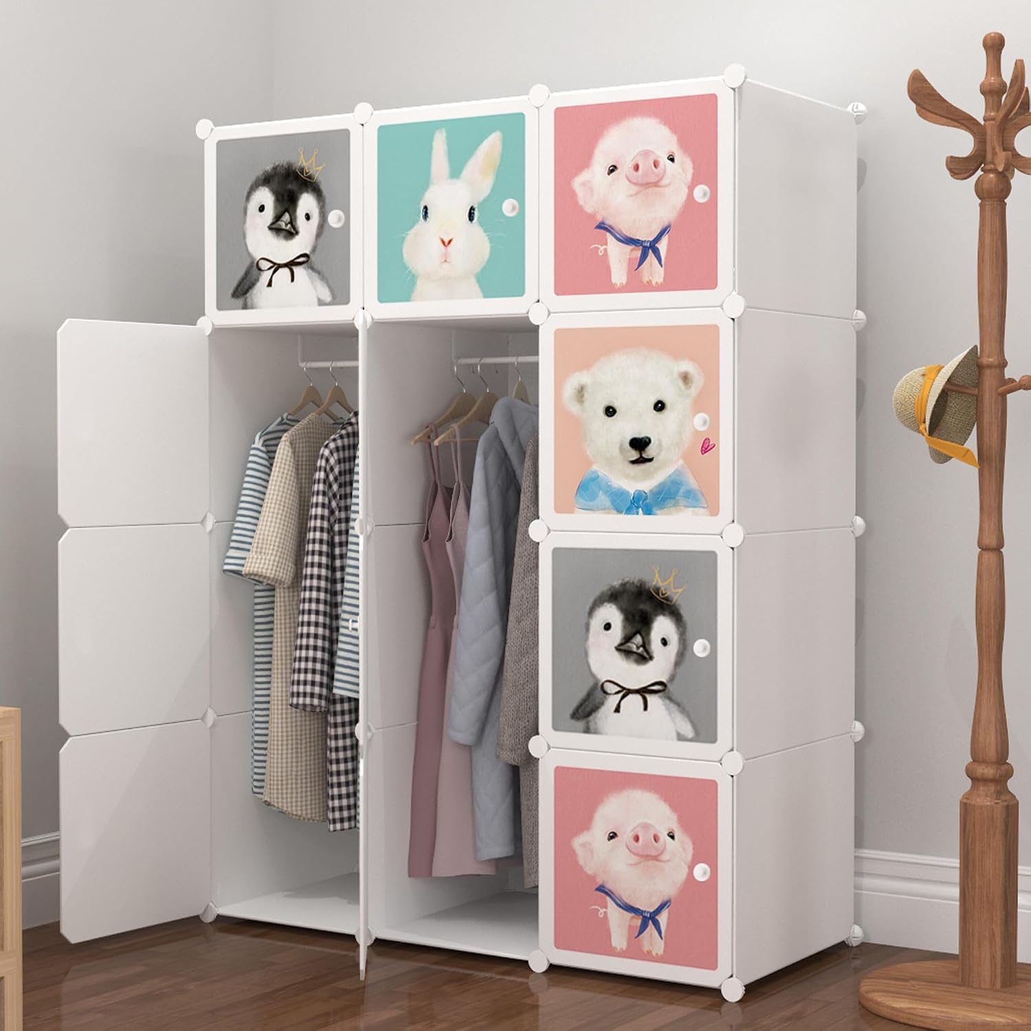 Premium 12-Door 12-Shelf Kids Cartoon Modular Plastic Wardrobe Cabinet – White