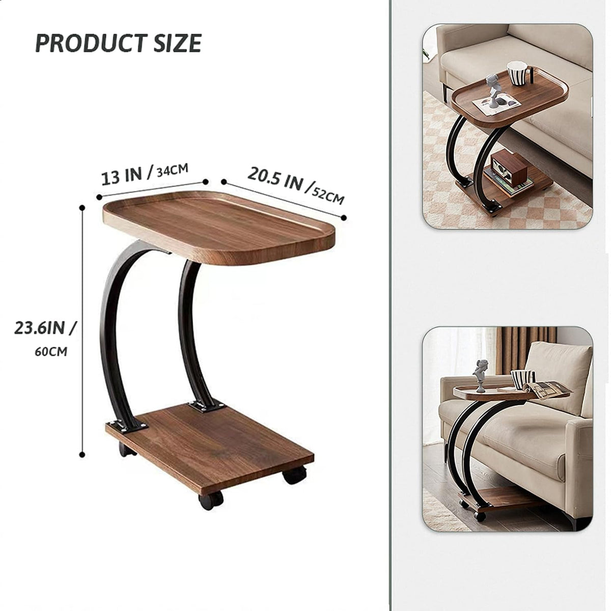 Premium Double-C Side Table with Wheels – Nut Brown