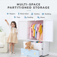 Premium 1-Door 3-Drawer Kids Plastic Wardrobe with Wheels – Teddy Bear Print