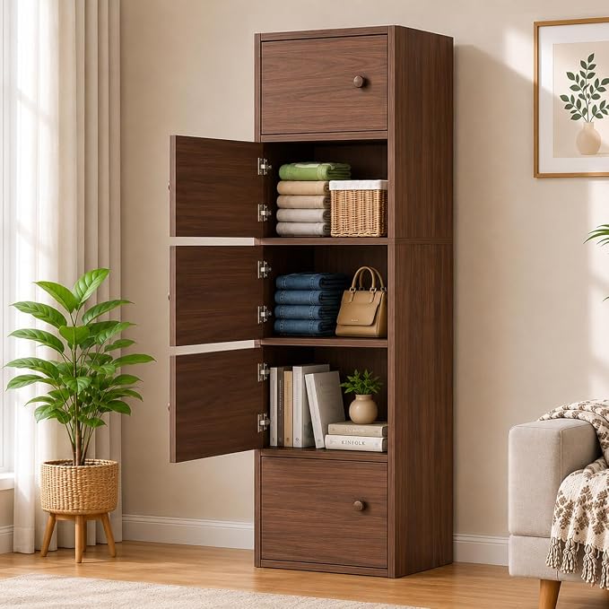 Premium Nordic Walnut 5-Layer Wooden Storage Cabinet with Doors
