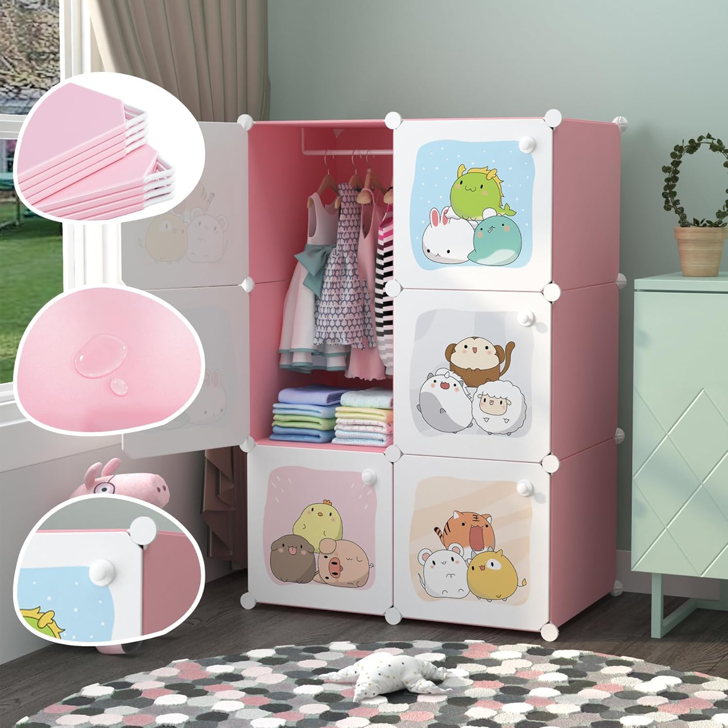 Premium 6-Door Kids Plastic Wardrobe – Pink