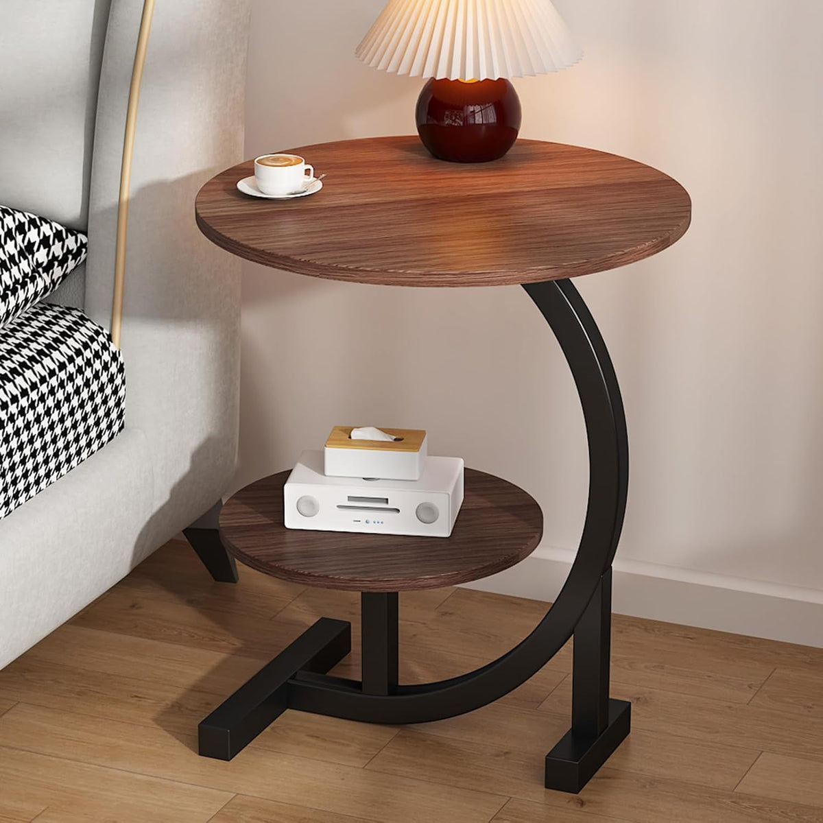 Premium Round Side Table with Metal Base – Nut Brown (2-Tier)