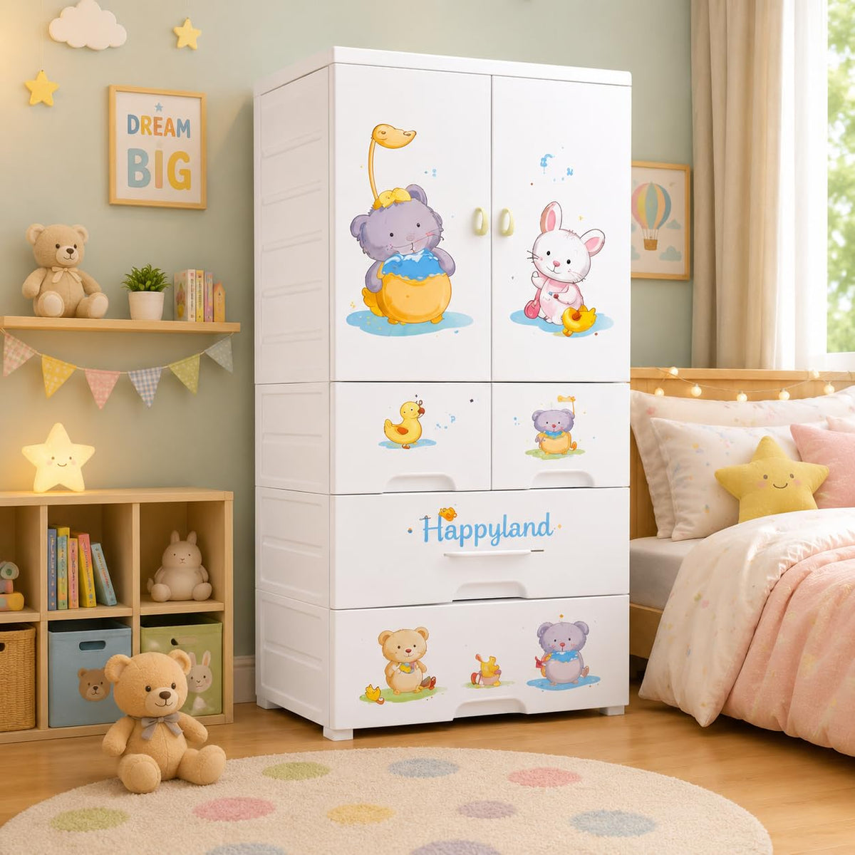Premium 1+4 Door Kids Plastic Wardrobe with Drawers – Elephant