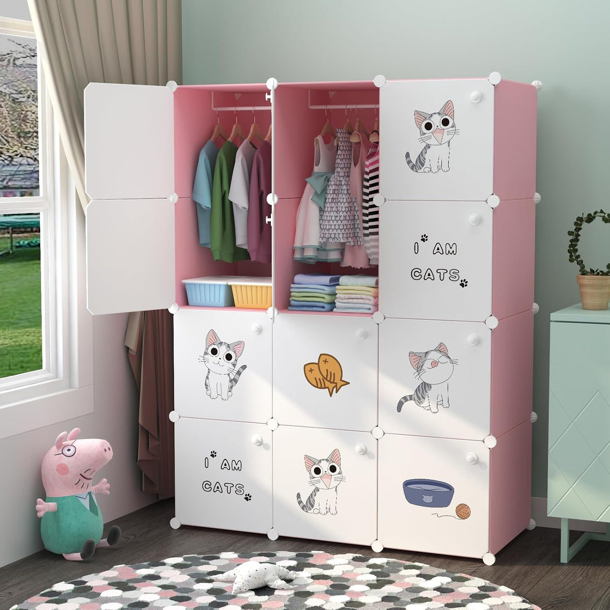 Premium 12-Door 12-Shelf Kids Cartoon Print Modular Plastic Wardrobe – Pink